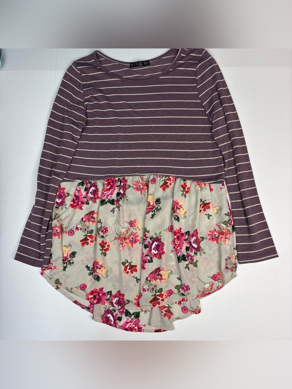 Potters Pot Women Large Shirt Tunic Stripe Floral Knit Polyester Pink Beige
